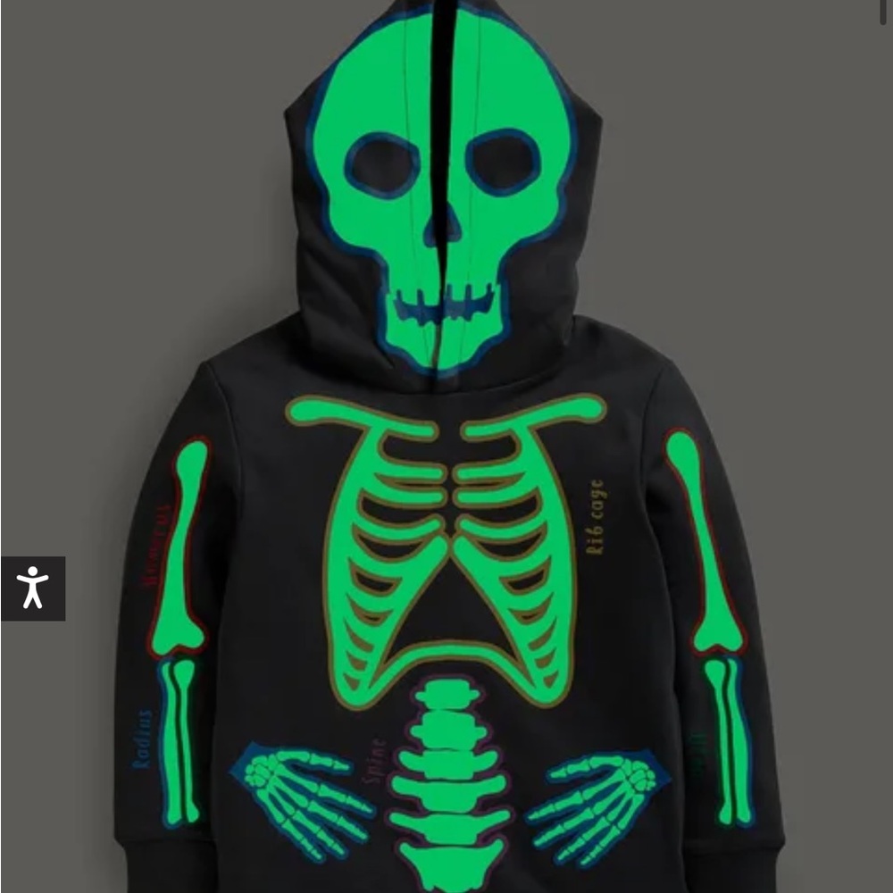 Like New Mini Boden Glow Print Skeleton Hoodie Costume Halloween Skull VTG Style